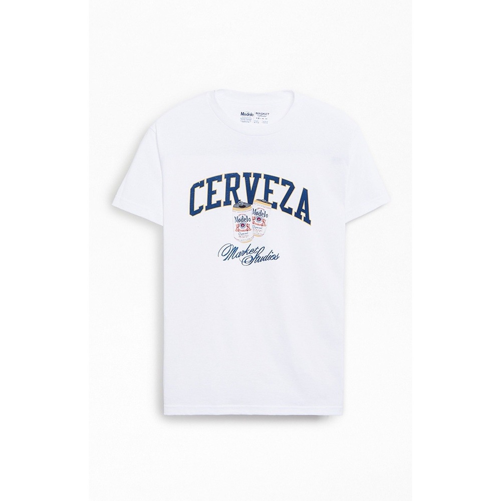 Market Studios Modelo T-Shirt Mens M White Cerveza Graphic Beer Streetwear Tee